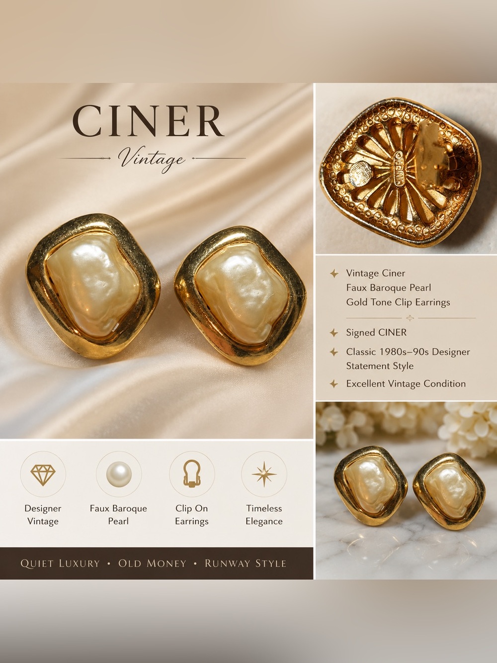 Vintage Ciner Faux Baroque Pearl Gold Tone Clip Earrings Designer Statement
